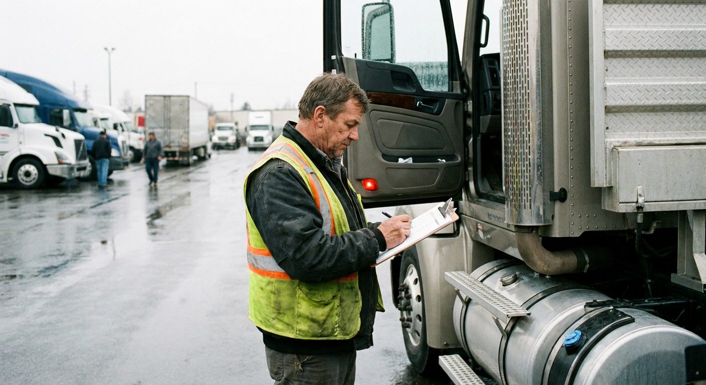 Chauffeur professionnel effectuant une inspection pré-départ